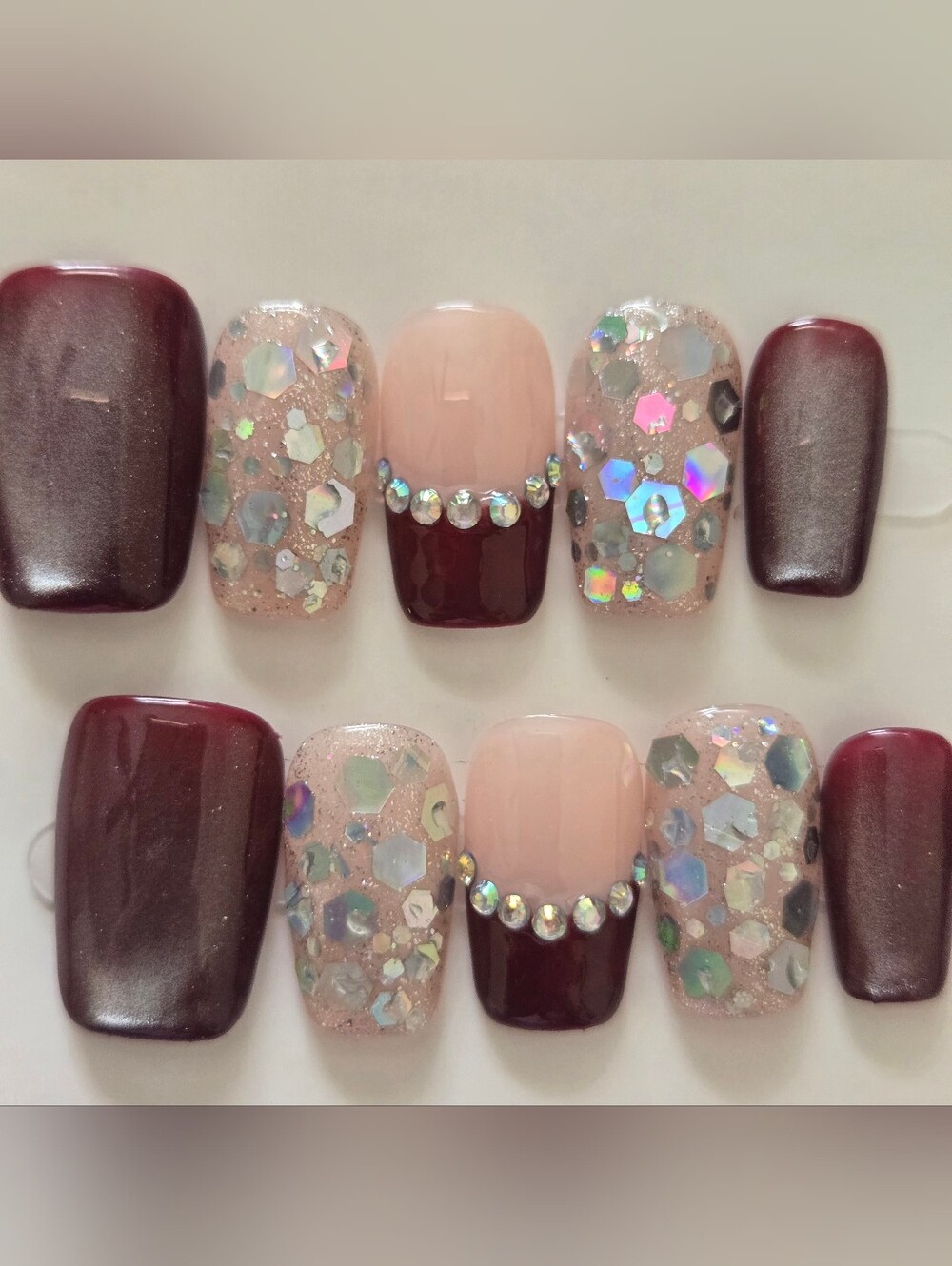 Burgundy & Pink Glitter Press-On Nails